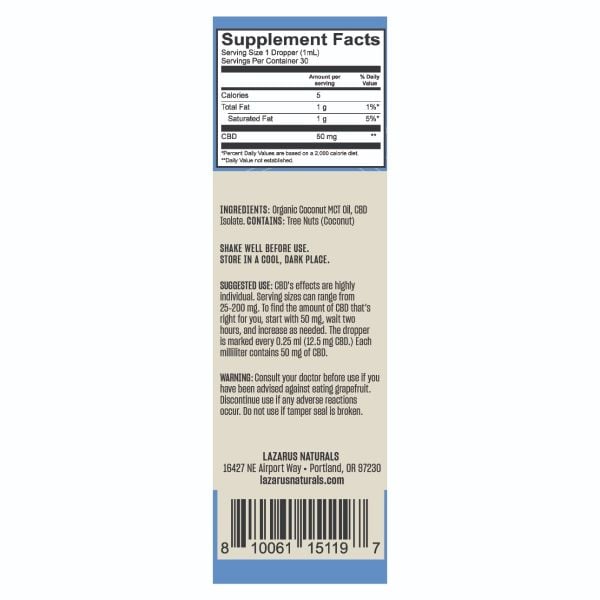 Lazarus Naturals CBD Isolate Flavorless Tincture 30ml Label