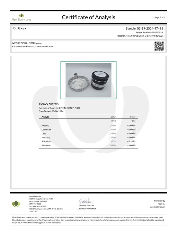 CBD Isolate Heavy Metals Certificate of Analysis