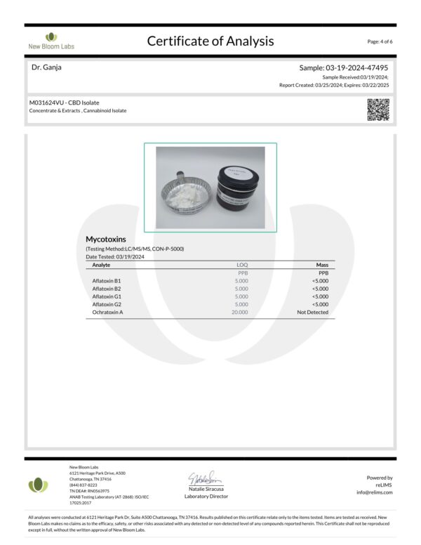 CBD Isolate Mycotoxins Certificate of Analysis
