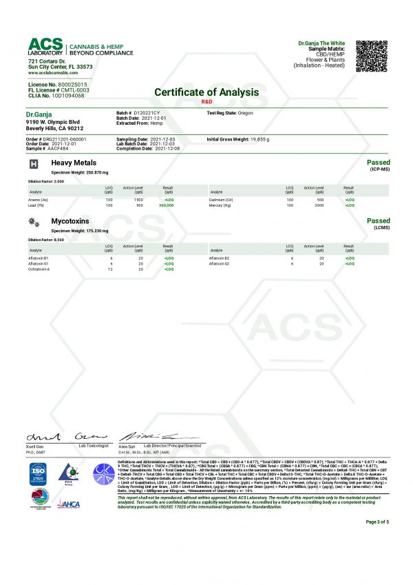 Dr.Ganja The White CBG Flower Heavy Metals & Mycotoxins Certificate of Analysis