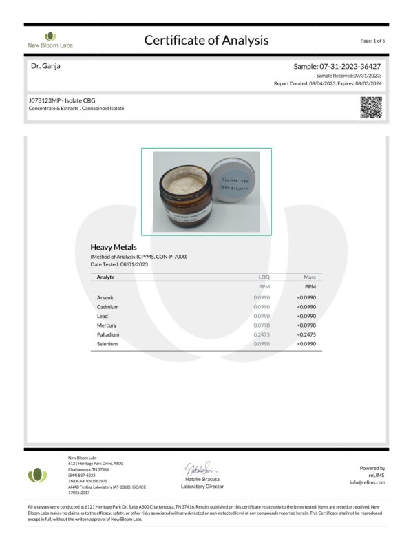 Dr.Ganja CBG Isolate Heavy Metals Certificate of Analysis