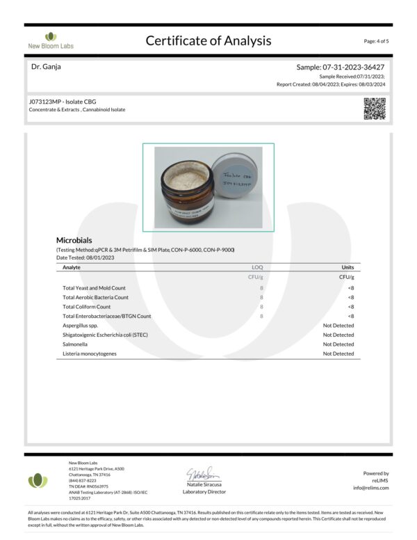 Dr.Ganja CBG Isolate Microbials Certificate of Analysis