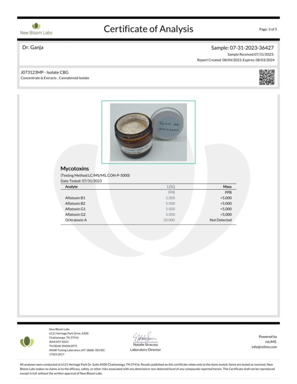 Dr.Ganja CBG Isolate Mycotoxins Certificate of Analysis