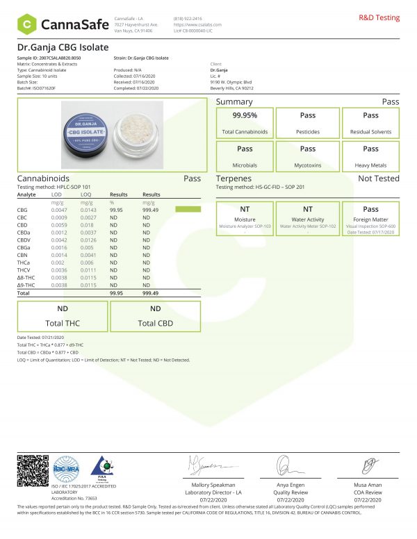 DrGanja CBG Isolate Cannabinoids Certificate of Analysis
