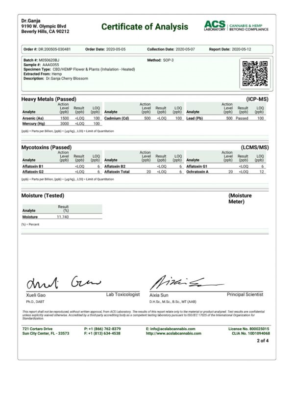 DrGanja Cherry Blossom Untrimmed Heavy Metals & Mycotoxins Certificate of Analysis