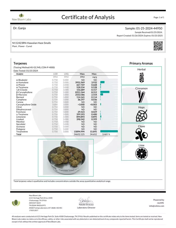 Hawaiian Haze Smalls Terpenes Certificate of Analysis