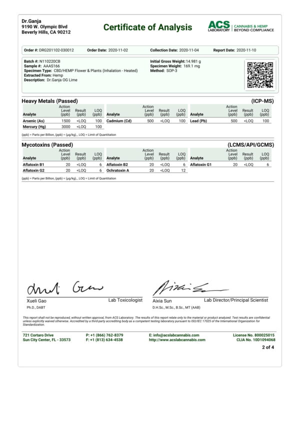 Dr.Ganja OG Lime Heavy Metals & Mycotoxins Certificate of Analysis
