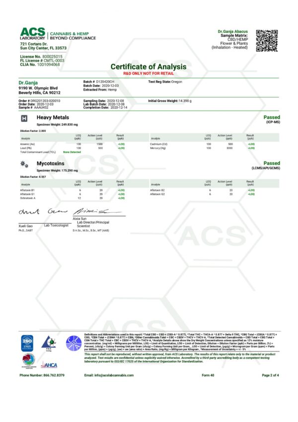 Dr.Ganja Abacus Heavy Metals & Mycotoxins Certificate of Analysis