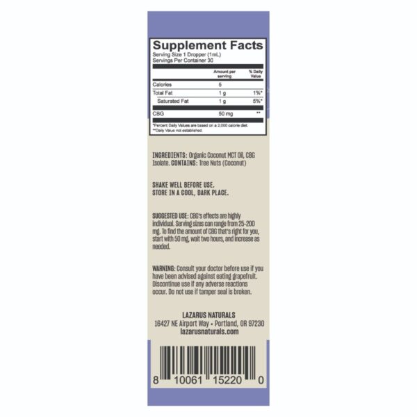 Lazarus Naturals Flavorless CBG Isolate Tincture Label