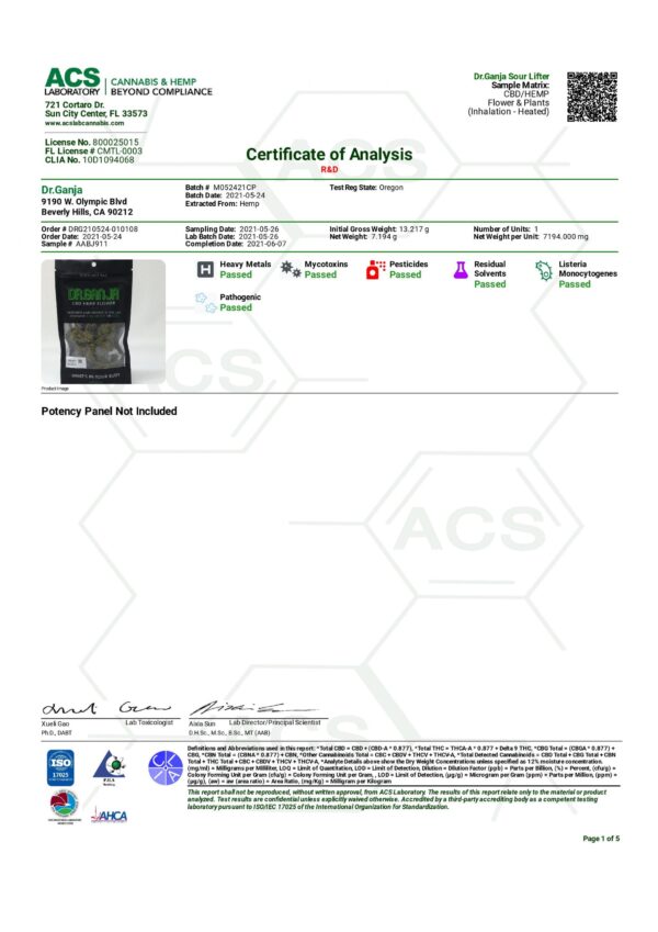 Dr.Ganja Sour Lifter Certificate of Analysis