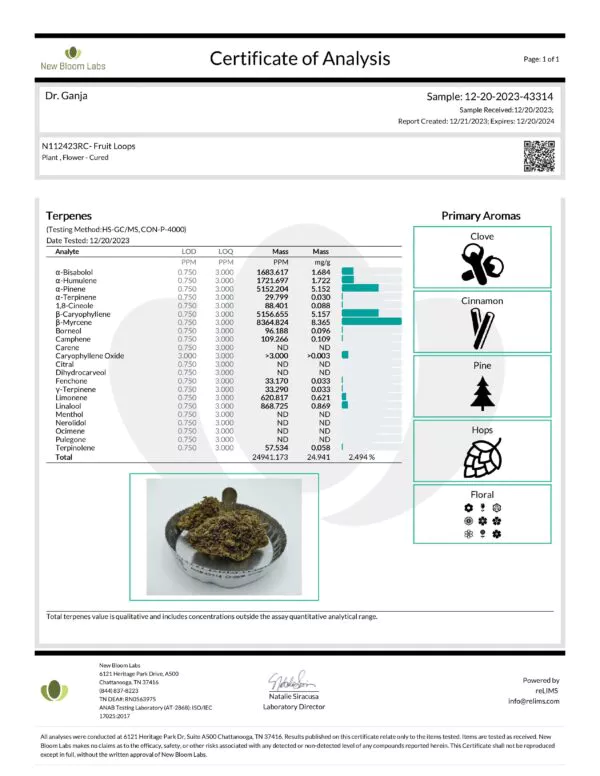 Fruit Loops Terpenes Certificate of Analysis