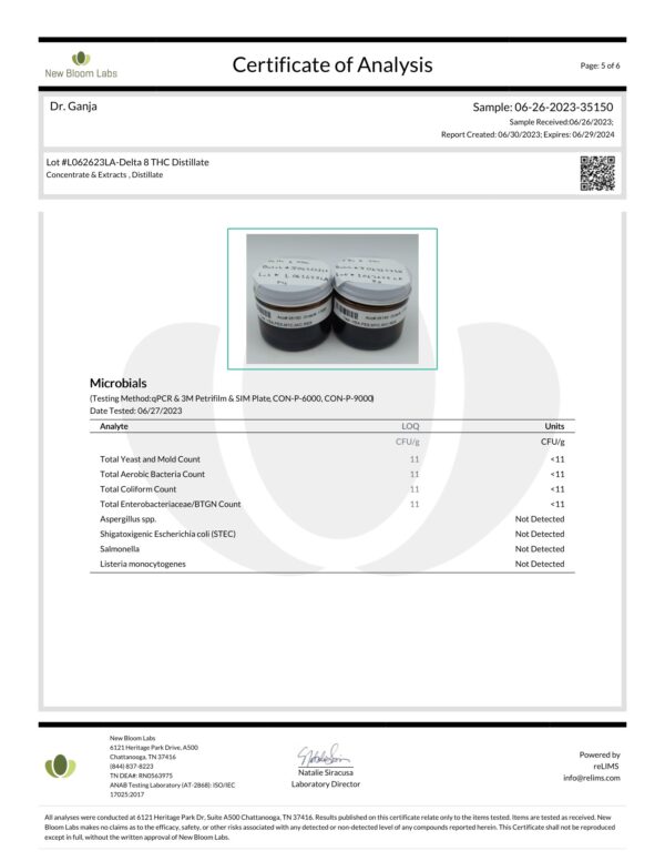 Dr.Ganja Delta 8 Distillate Microbials Certificate of Analysis
