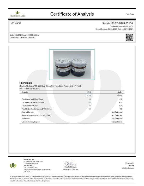 Dr.Ganja HHC Distillate Microbials Certificate of Analysis