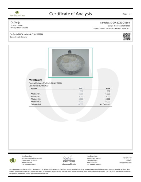 Dr.Ganja THCA Isolate New Bloom Labs Mycotoxins Certificate of Analysis
