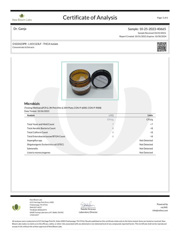 THCA Isolate Diamonds Microbials Certificate of Analysis