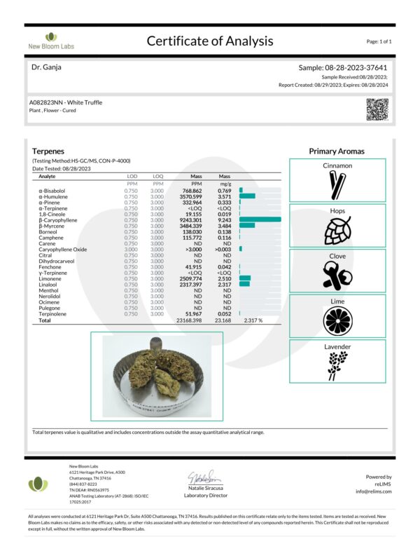 Dr.Ganja White Truffle Terpenes Certificate of Analysis