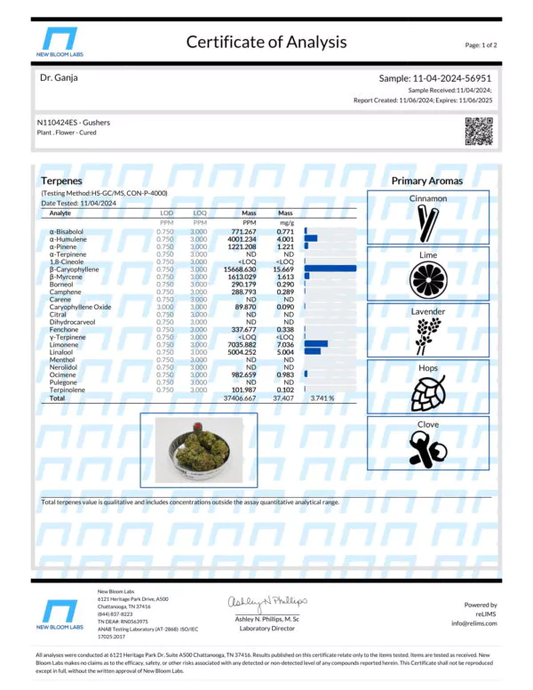 Gushers Terpenes Certificate of Analysis