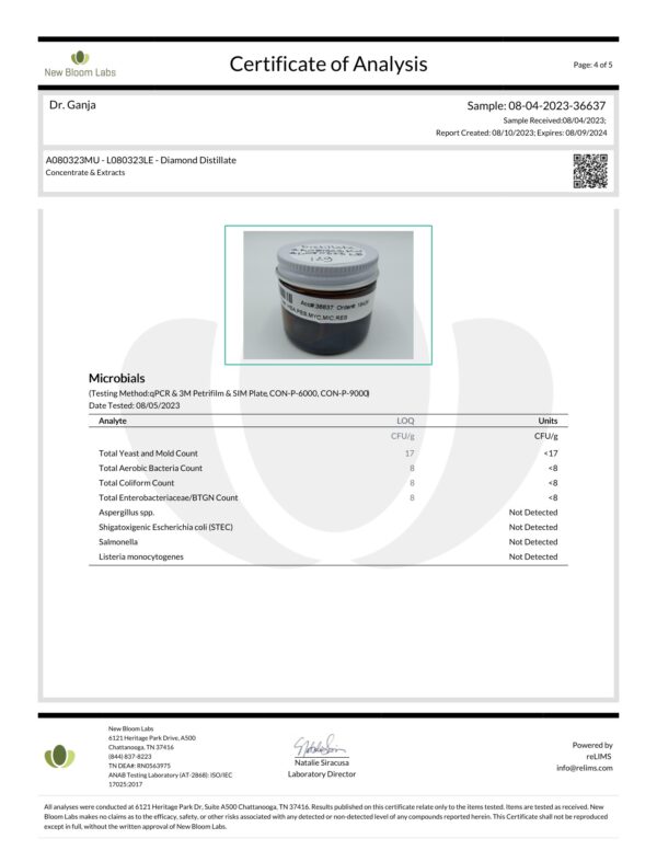 Dr.Ganja Diamond Distillate Microbials Certificate of Analysis