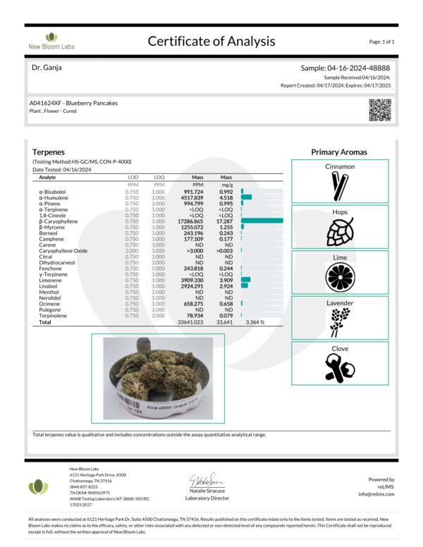 Blueberry Pancakes Terpenes Certificate of Analysis