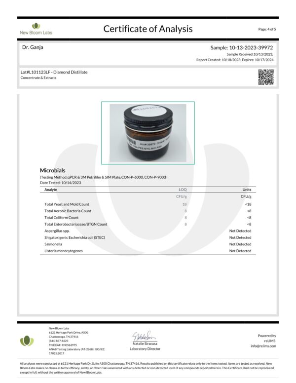 Diamond Distillate Microbials Certificate of Analysis