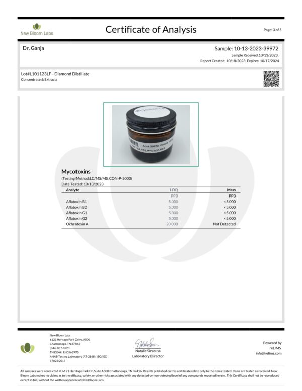 Diamond Distillate Mycotoxins Certificate of Analysis