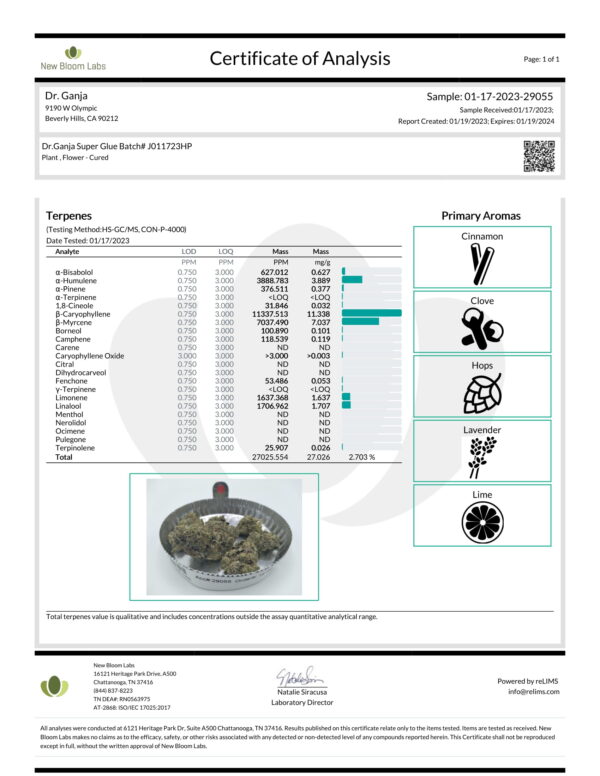 Dr.Ganja Super Glue Terpenes Certificate of Analysis