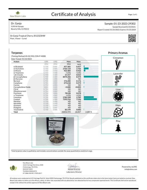 Dr.Ganja Tropical Cherry Terpenes Certificate of Analysis