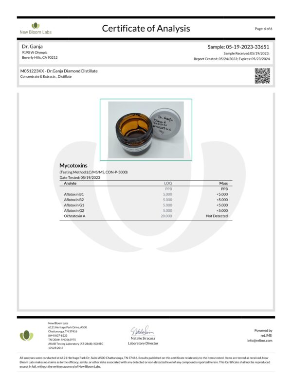 Dr.Ganja Diamond Distillate Mycotoxins Certificate of Analysis