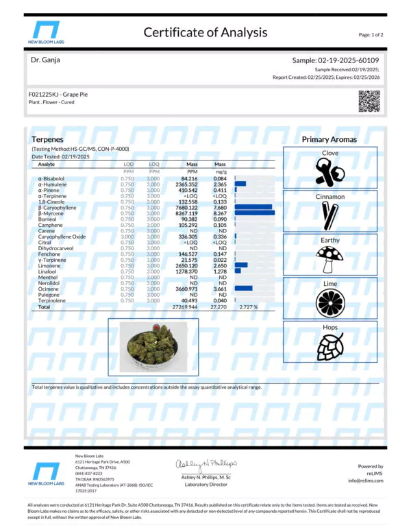 Grape Pie Terpenes Certificate of Analysis