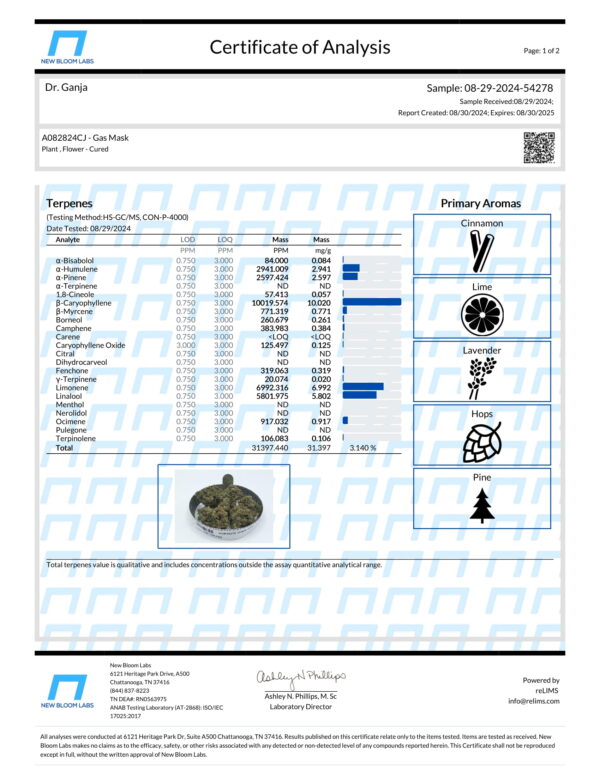 Gas Mask Terpenes Certificate of Analysis