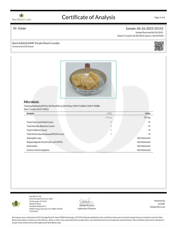 Dr.Ganja THCA Crumble Wax Purple Diesel Microbials Certificate of Analysis