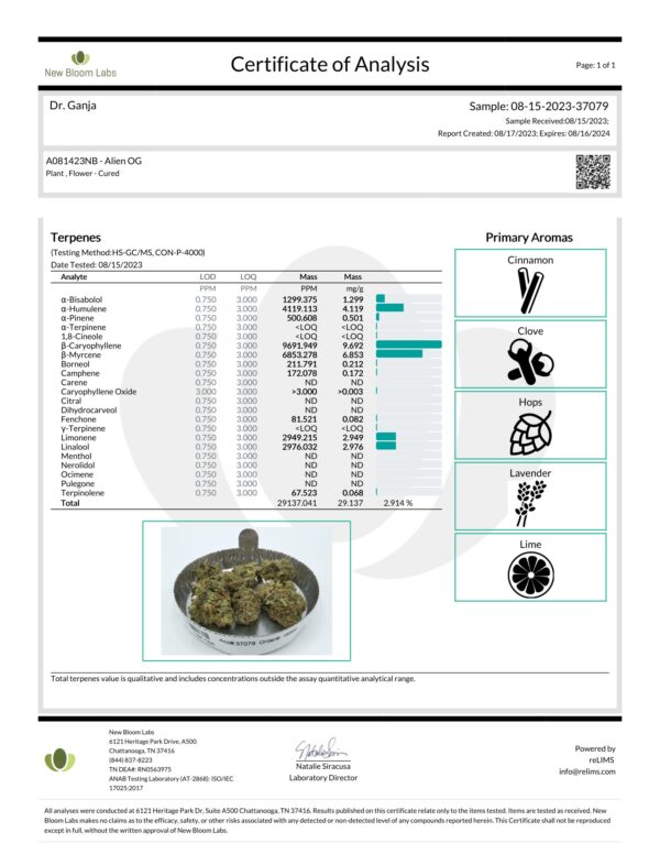 Dr.Ganja Alien OG Terpenes Certificate of Analysis