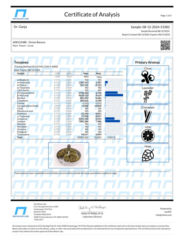 Divine Banana Terpenes Certificate of Analysis