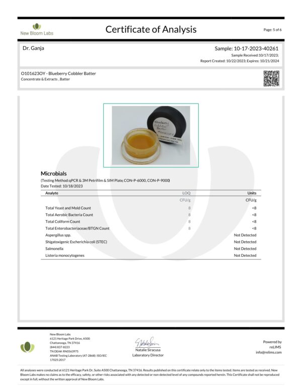 Blueberry Cobbler Batter Microbials Certificate of Analysis
