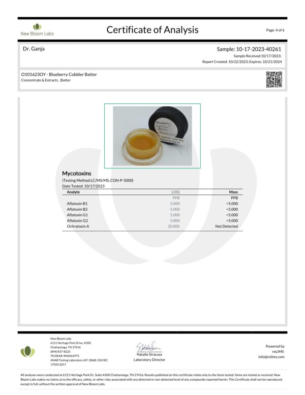 Blueberry Cobbler Batter Mycotoxins Certificate of Analysis