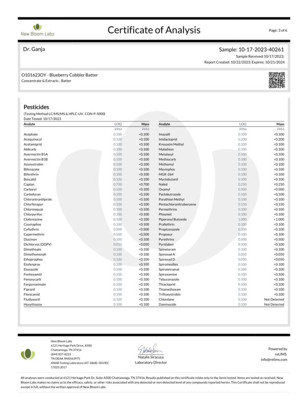 Blueberry Cobbler Batter Pesticides Certificate of Analysis