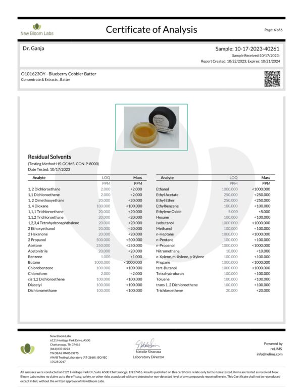 Blueberry Cobbler Batter Residual Solvents Certificate of Analysis