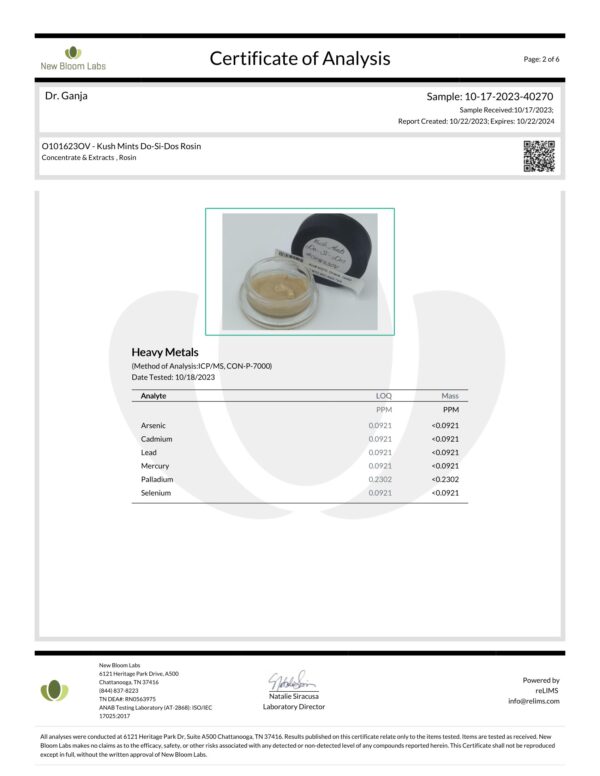 Kush Mints Do-Si-Dos Rosin Heavy Metals Certificate of Analysis