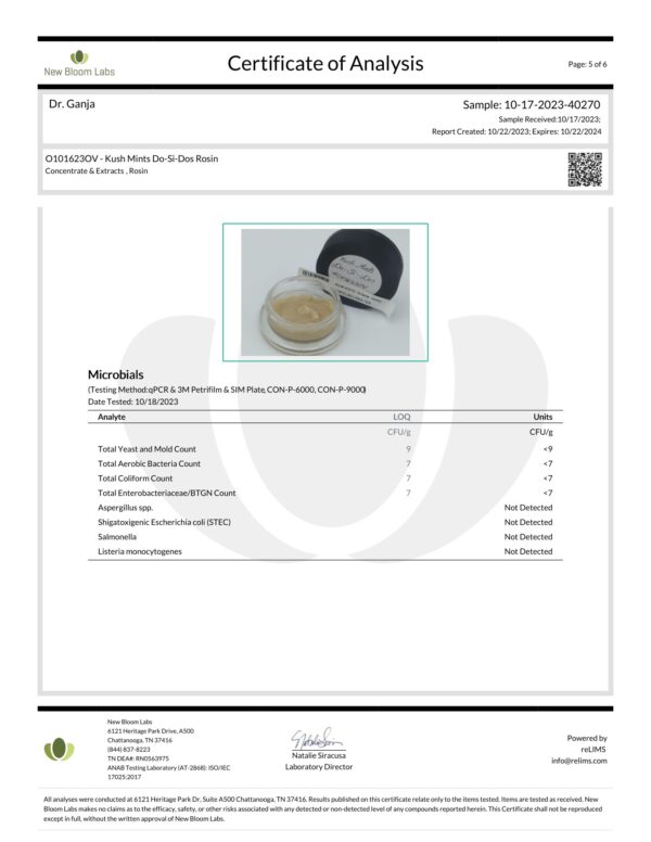 Kush Mints Do-Si-Dos Rosin Microbials Certificate of Analysis