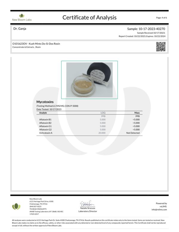 Kush Mints Do-Si-Dos Rosin Mycotoxins Certificate of Analysis