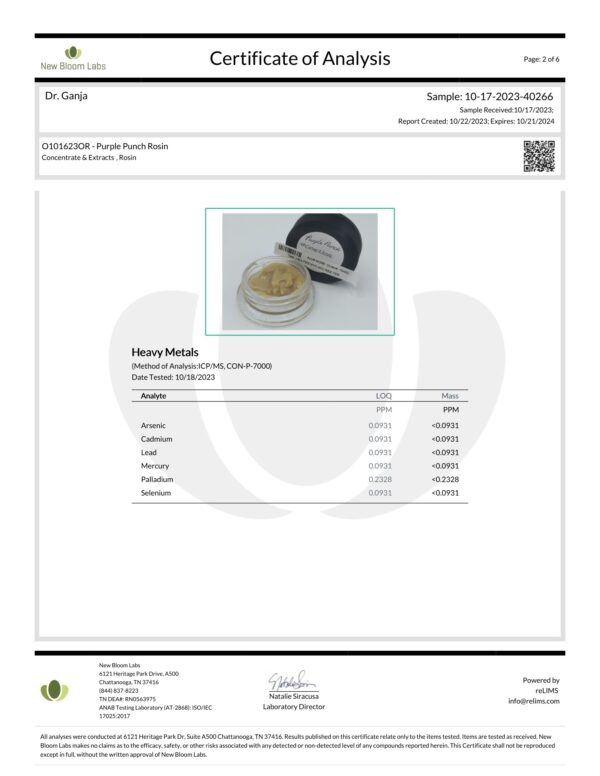 Purple Punch Rosin Heavy Metals Certificate of Analysis