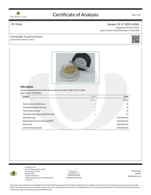 Purple Punch Rosin Microbials Certificate of Analysis