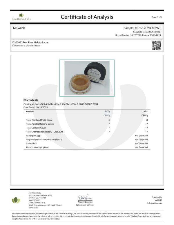 Silver Gelato Batter Microbials Certificate of Analysis