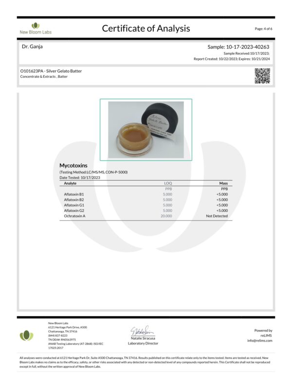 Silver Gelato Batter Mycotoxins Certificate of Analysis