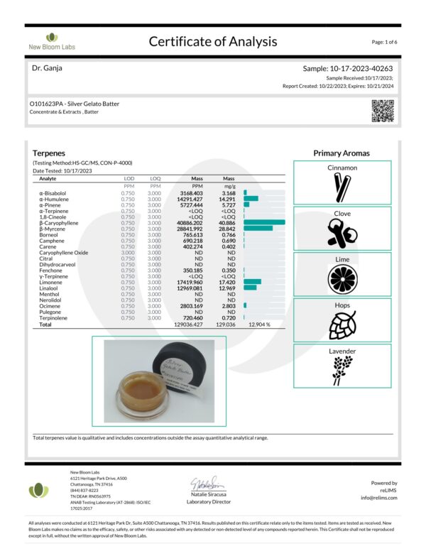 Silver Gelato Batter Terpenes Certificate of Analysis