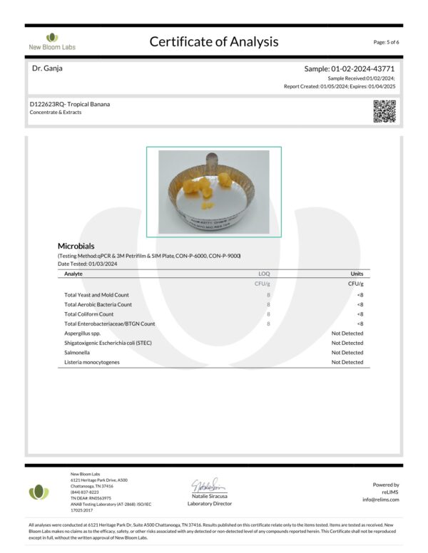Tropical Banana Crumble Microbials Certificate of Analysis