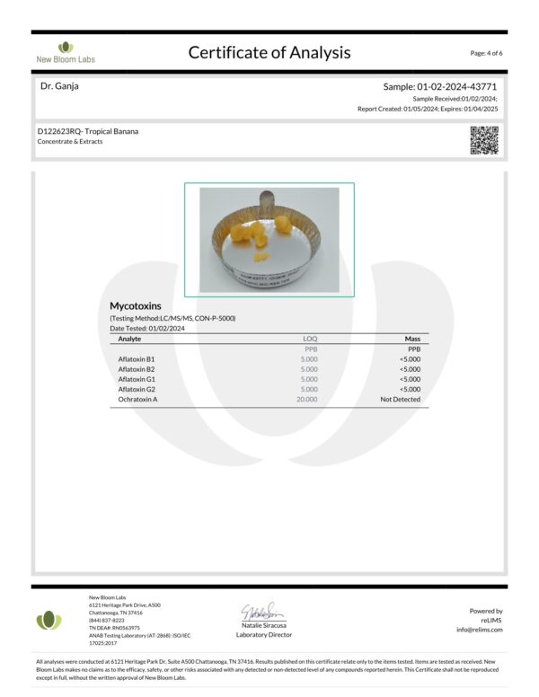 Tropical Banana Crumble Mycotoxins Certificate of Analysis