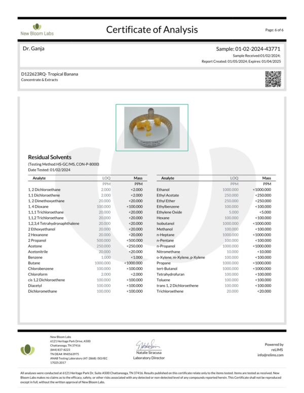 Tropical Banana Crumble Residual Solvents Certificate of Analysis