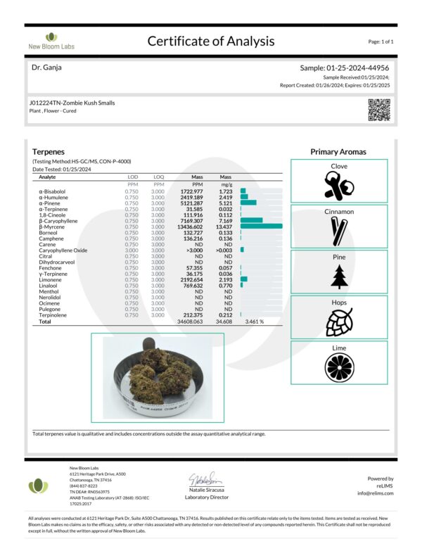 Zombie Kush Smalls Terpenes Certificate of Analysis