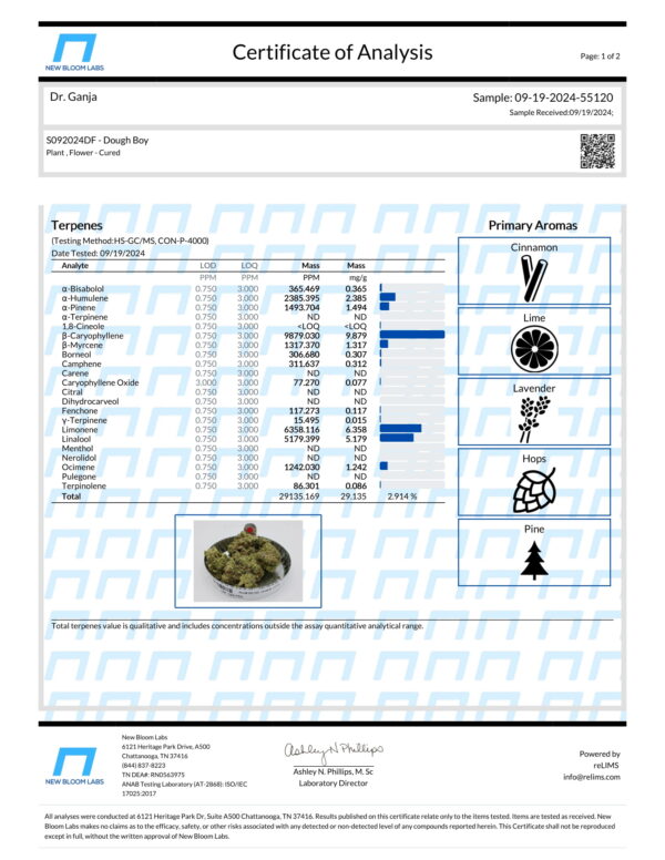 Dough Boy Terpenes Certificate of Analysis